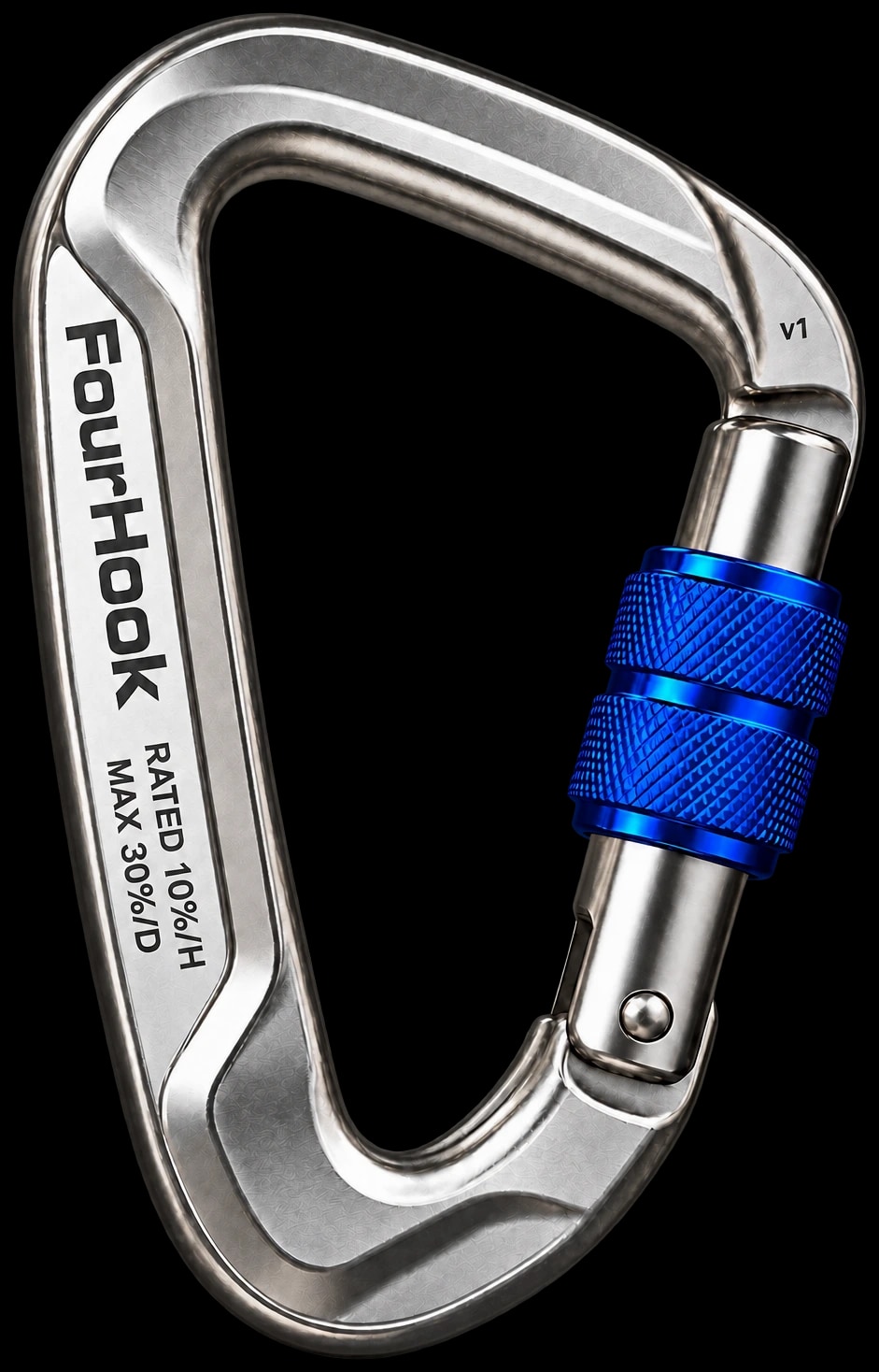 An aluminium locking carabiner engraved FourHook, rated 10% per hour, max 30% per day